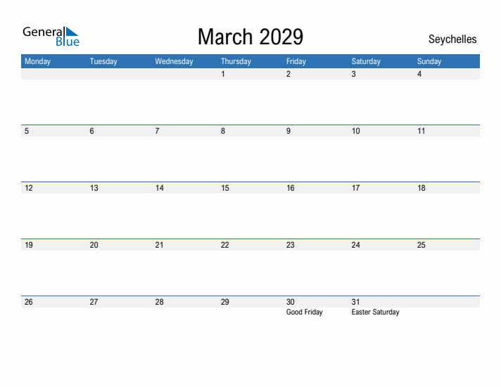 Fillable March 2029 Calendar