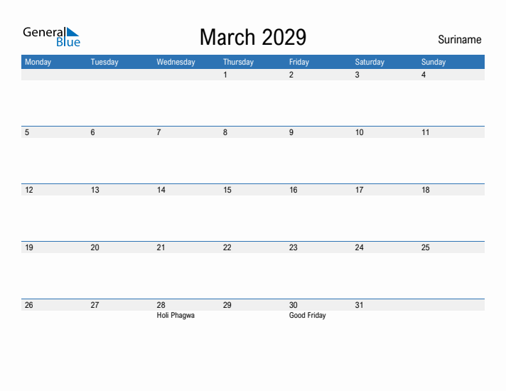 Fillable March 2029 Calendar