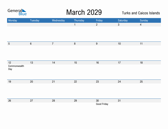 Fillable March 2029 Calendar