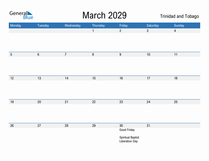 Fillable March 2029 Calendar