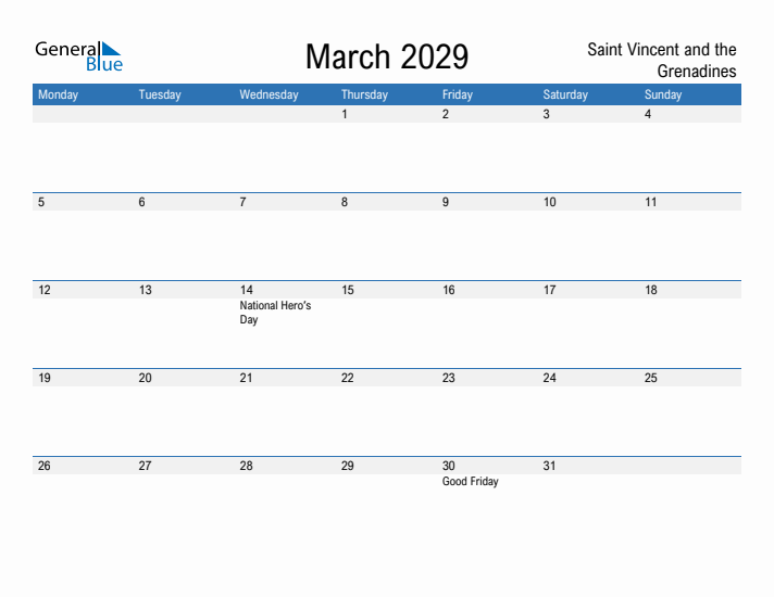 Fillable March 2029 Calendar