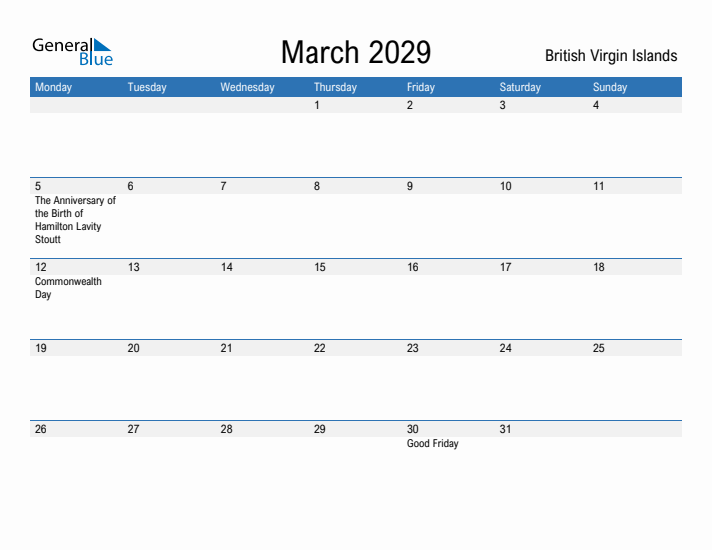 Fillable March 2029 Calendar