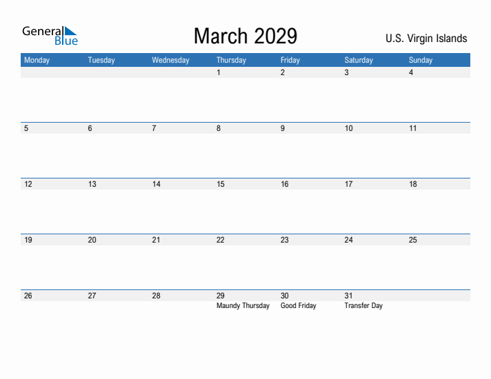 Fillable March 2029 Calendar