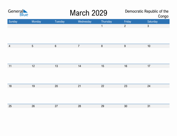 Fillable March 2029 Calendar