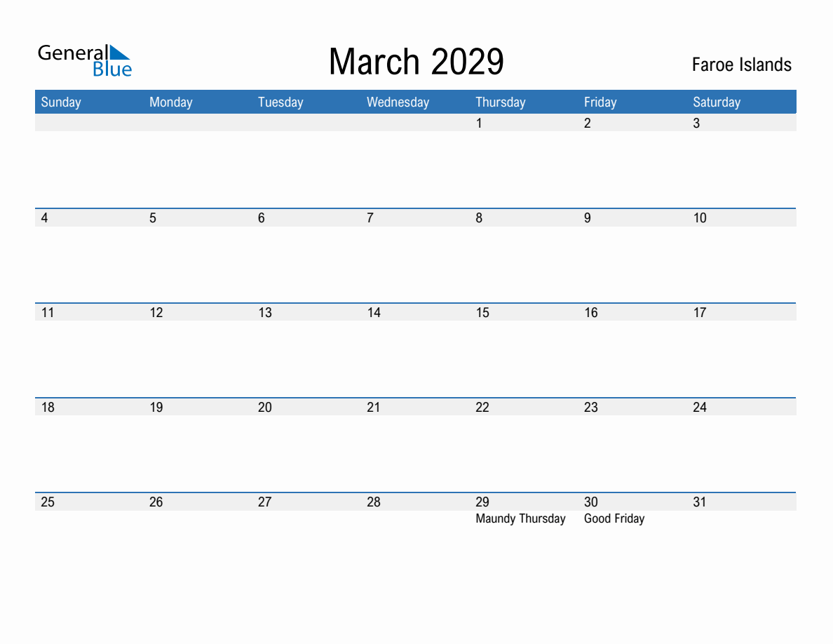 March 2029 Monthly Calendars with Faroe Islands Holidays