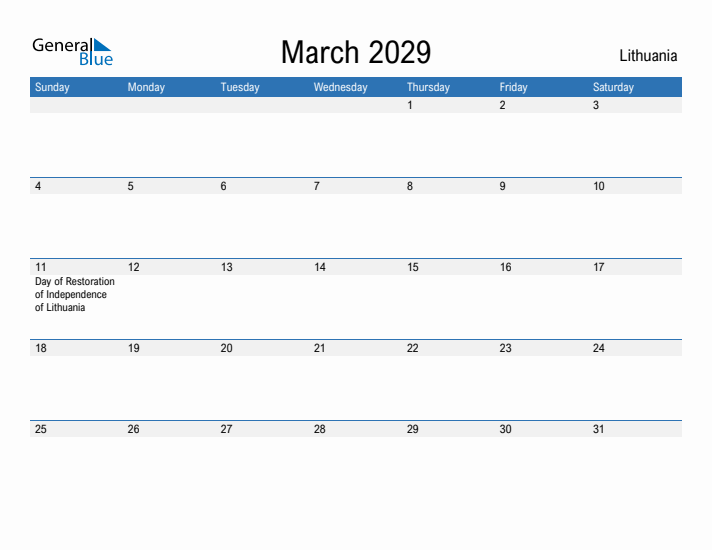 Fillable March 2029 Calendar