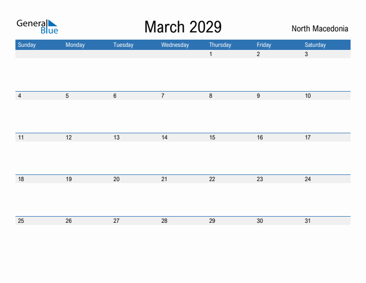 Fillable March 2029 Calendar