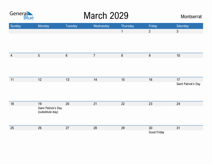 Fillable March 2029 Calendar
