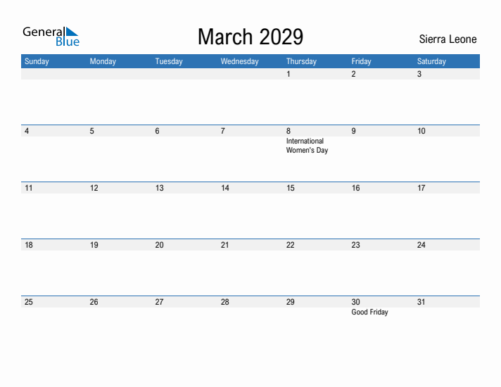 Fillable March 2029 Calendar