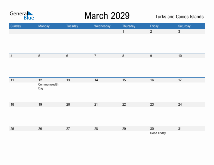 Fillable March 2029 Calendar