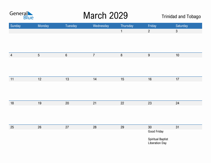 Fillable March 2029 Calendar