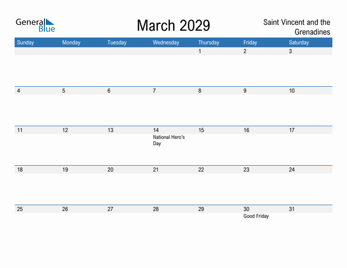 Fillable March 2029 Calendar
