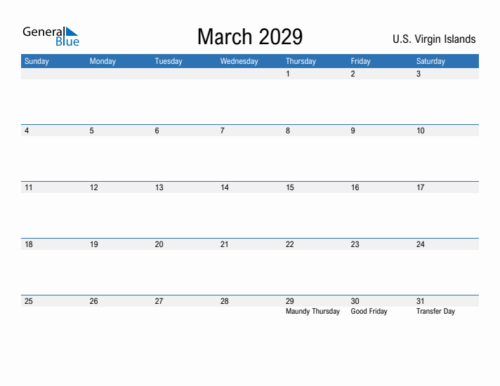 Fillable March 2029 Calendar