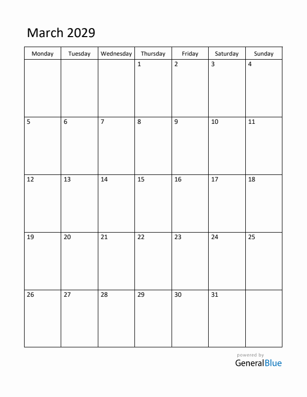 Monday Start Calendar for March 2029