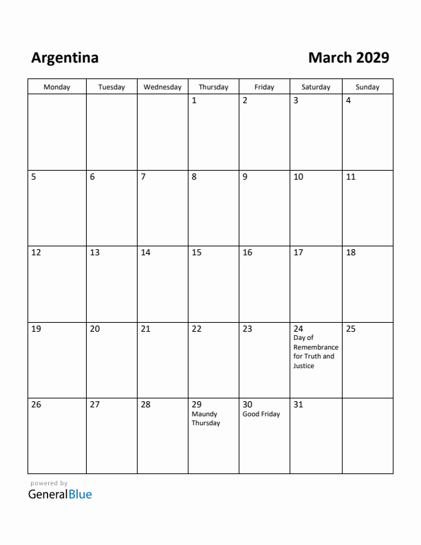 March 2029 Calendar with Argentina Holidays