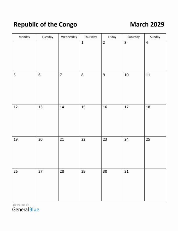 March 2029 Calendar with Republic of the Congo Holidays