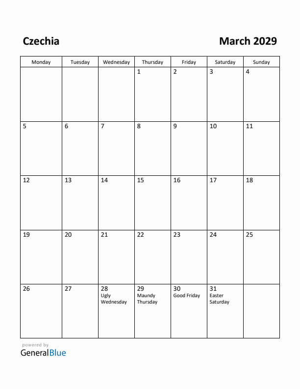 March 2029 Calendar with Czechia Holidays