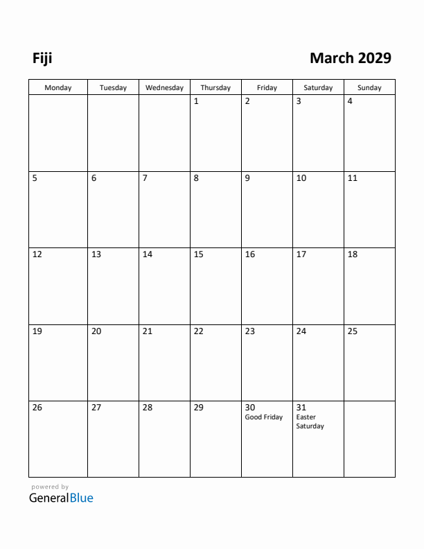 March 2029 Calendar with Fiji Holidays