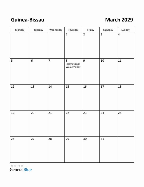 March 2029 Calendar with Guinea-Bissau Holidays