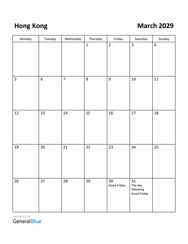 March 2029 Calendar with Hong Kong Holidays