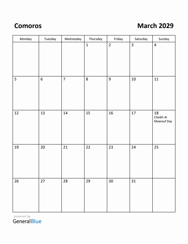 March 2029 Calendar with Comoros Holidays