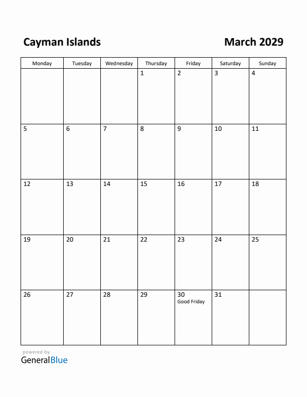 March 2029 Calendar with Cayman Islands Holidays