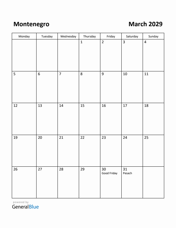 March 2029 Calendar with Montenegro Holidays