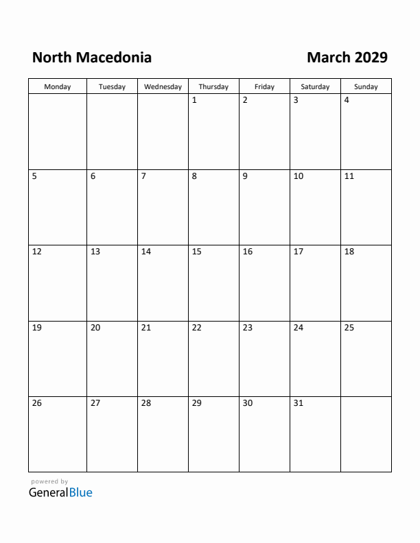 March 2029 Calendar with North Macedonia Holidays