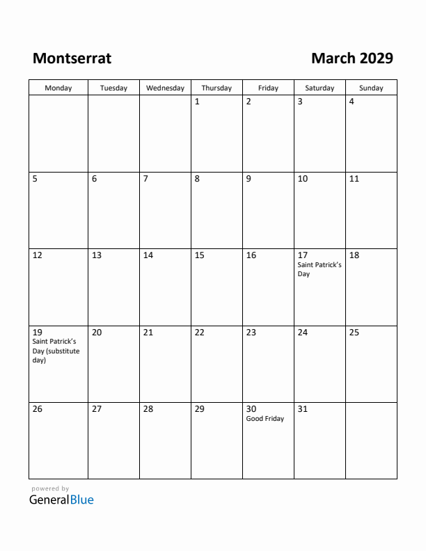 March 2029 Calendar with Montserrat Holidays