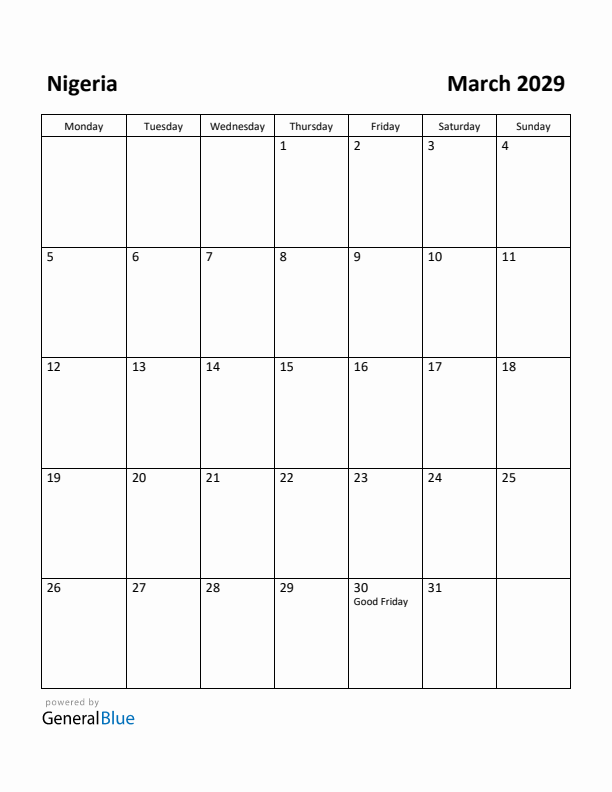 March 2029 Calendar with Nigeria Holidays