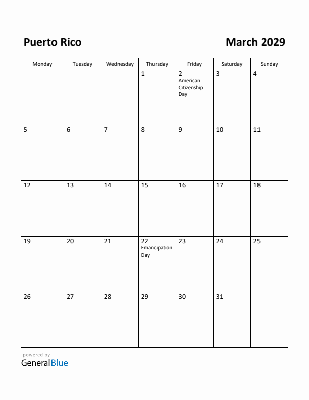 March 2029 Calendar with Puerto Rico Holidays