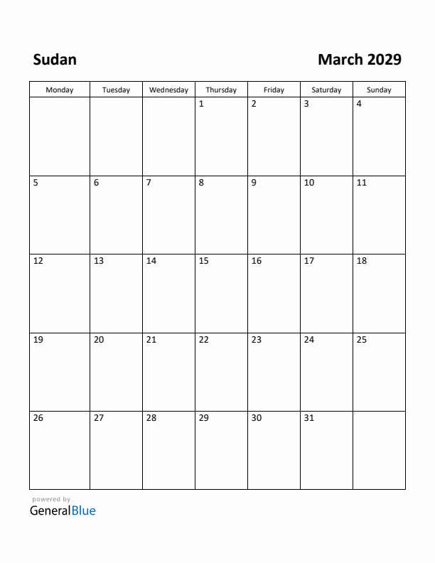March 2029 Calendar with Sudan Holidays