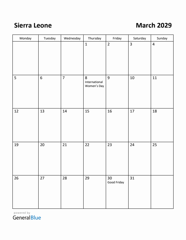 March 2029 Calendar with Sierra Leone Holidays