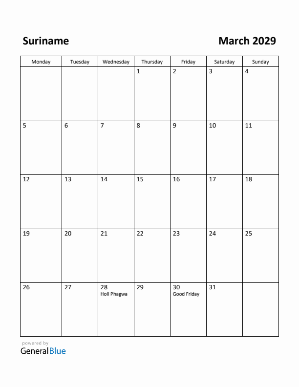March 2029 Calendar with Suriname Holidays