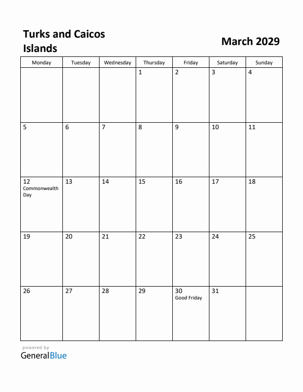 March 2029 Calendar with Turks and Caicos Islands Holidays