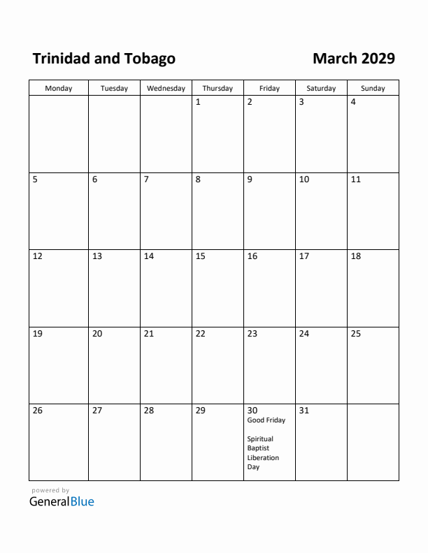 March 2029 Calendar with Trinidad and Tobago Holidays