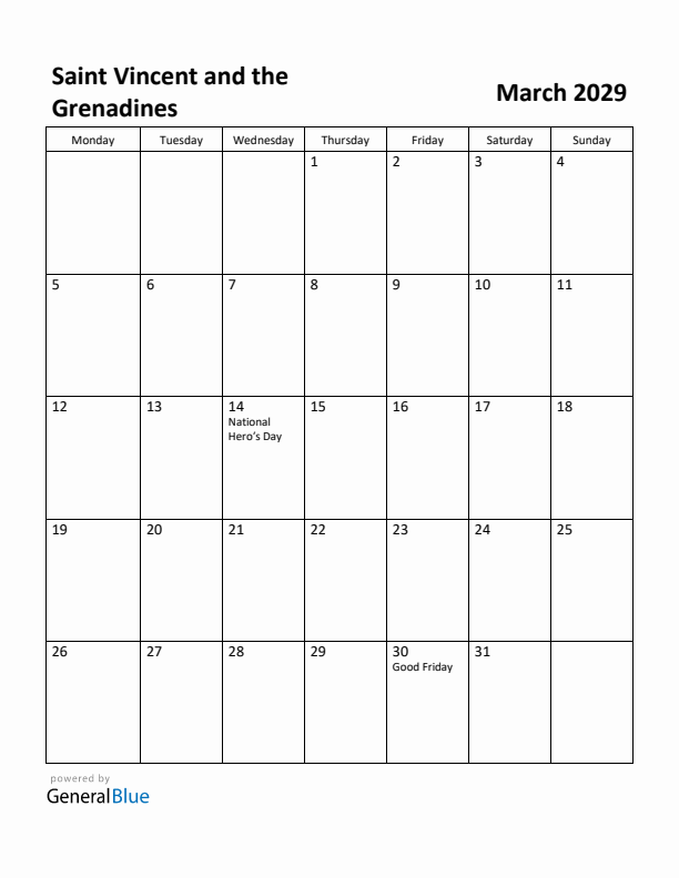March 2029 Calendar with Saint Vincent and the Grenadines Holidays