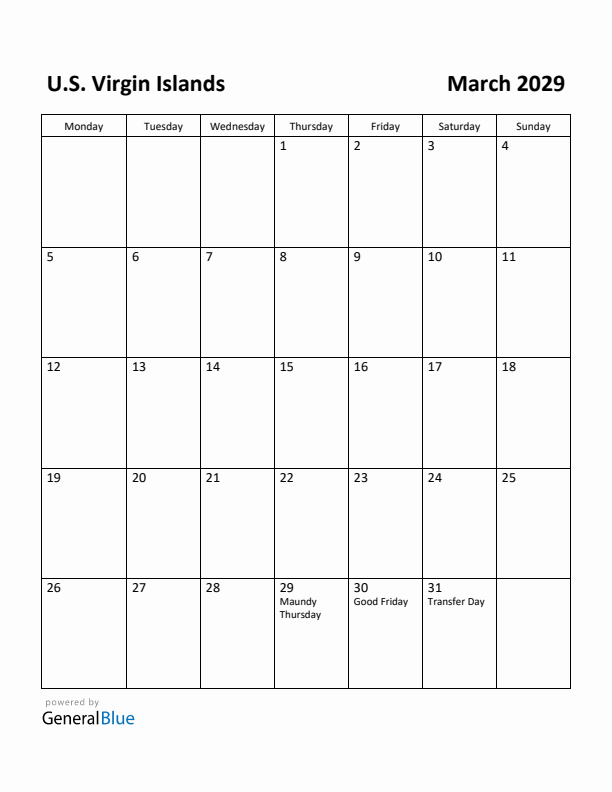March 2029 Calendar with U.S. Virgin Islands Holidays