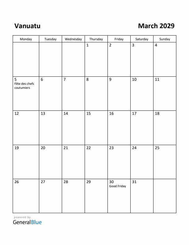 March 2029 Calendar with Vanuatu Holidays