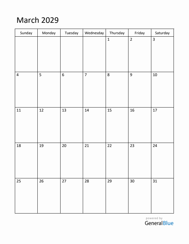 Sunday Start Calendar for March 2029