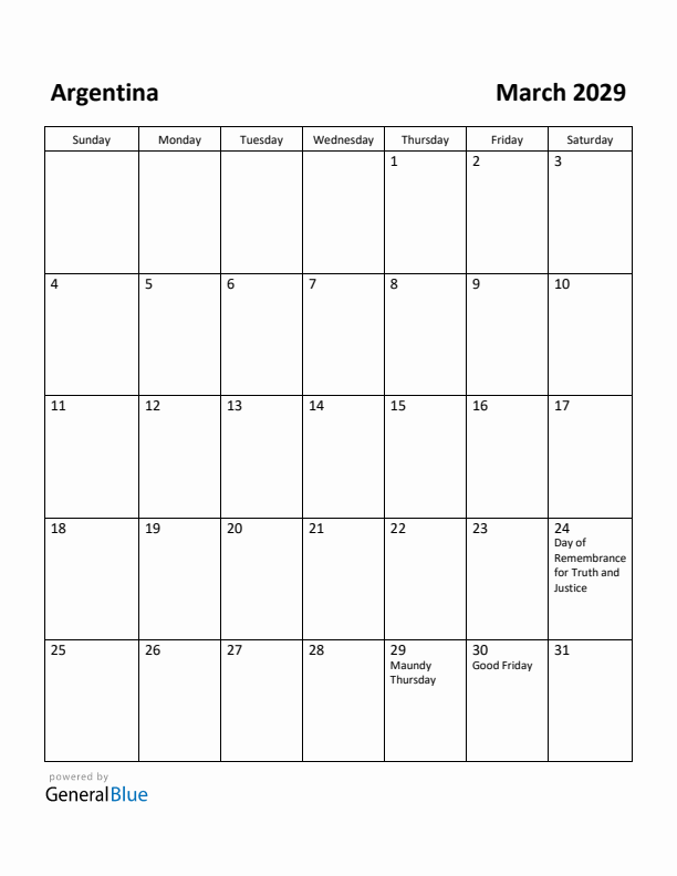 March 2029 Calendar with Argentina Holidays
