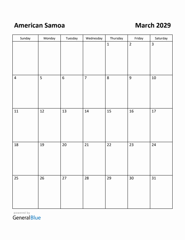 March 2029 Calendar with American Samoa Holidays