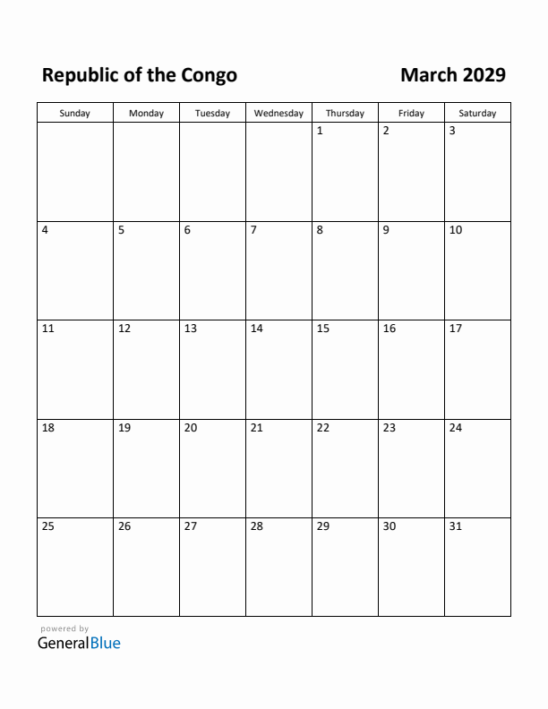 March 2029 Calendar with Republic of the Congo Holidays
