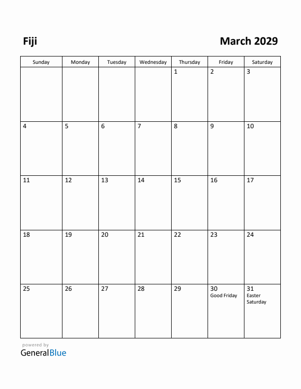 March 2029 Calendar with Fiji Holidays