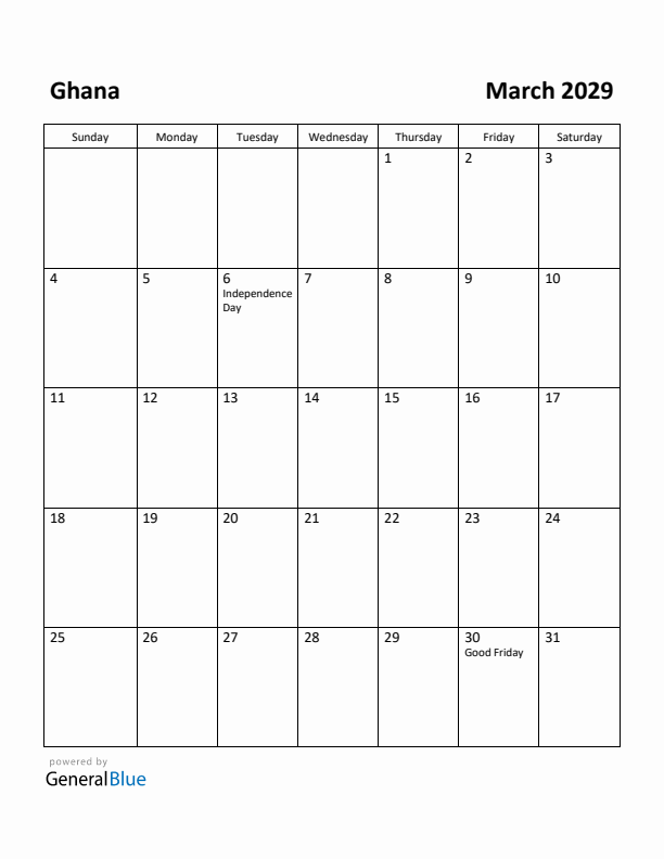 March 2029 Calendar with Ghana Holidays