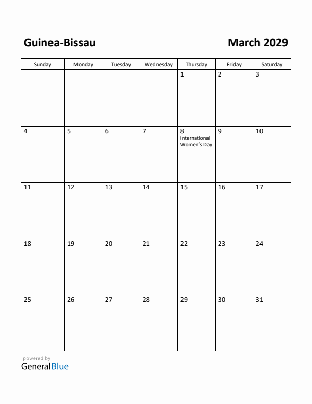 March 2029 Calendar with Guinea-Bissau Holidays