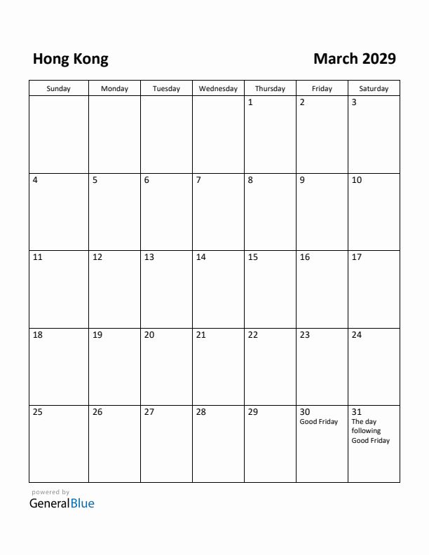March 2029 Calendar with Hong Kong Holidays