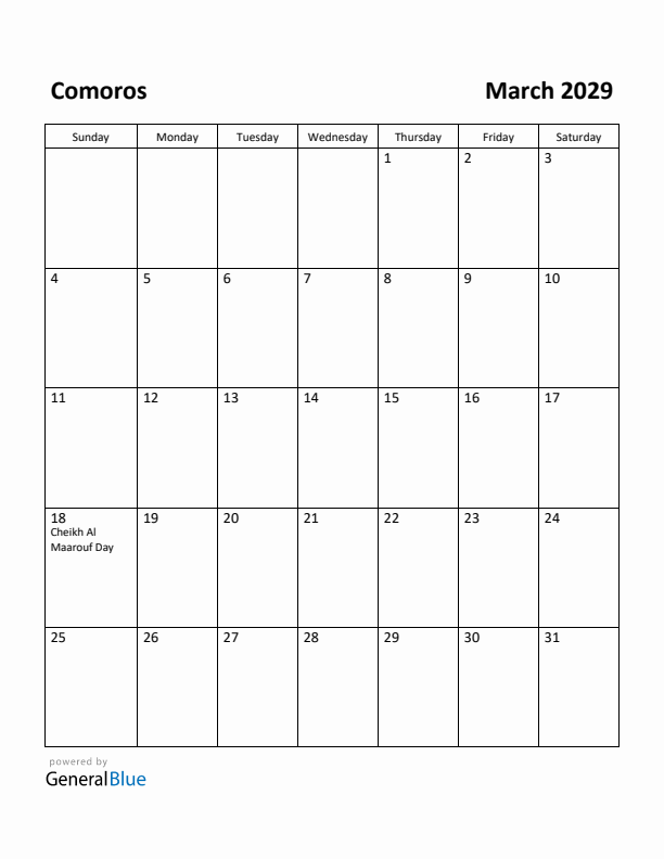 March 2029 Calendar with Comoros Holidays