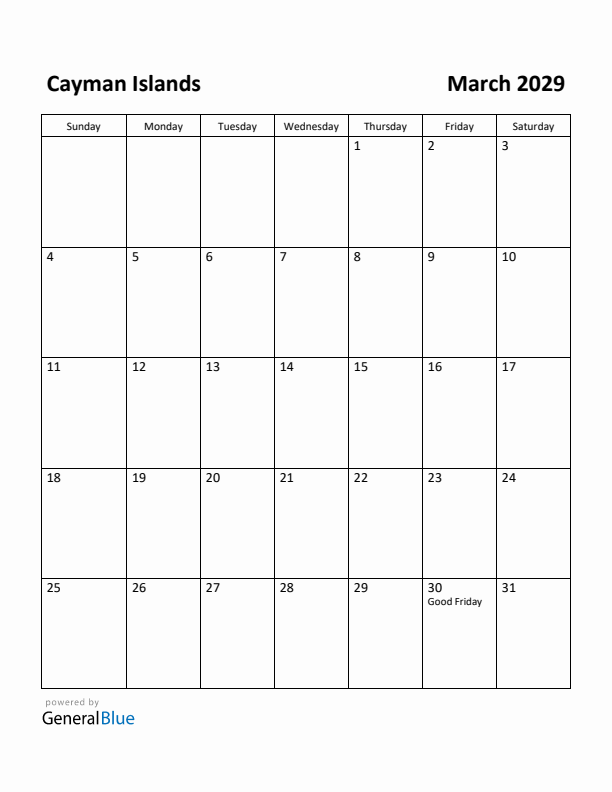 March 2029 Calendar with Cayman Islands Holidays