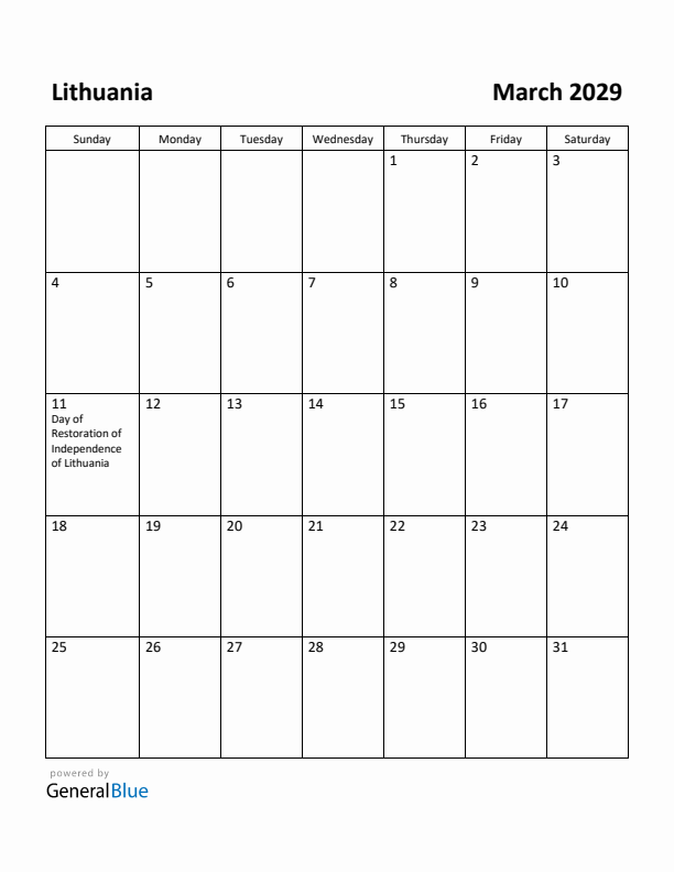 March 2029 Calendar with Lithuania Holidays